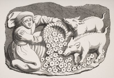 Reproduction of a 15th century wood carving on a stall in Rouen cathedral representing the proverb 